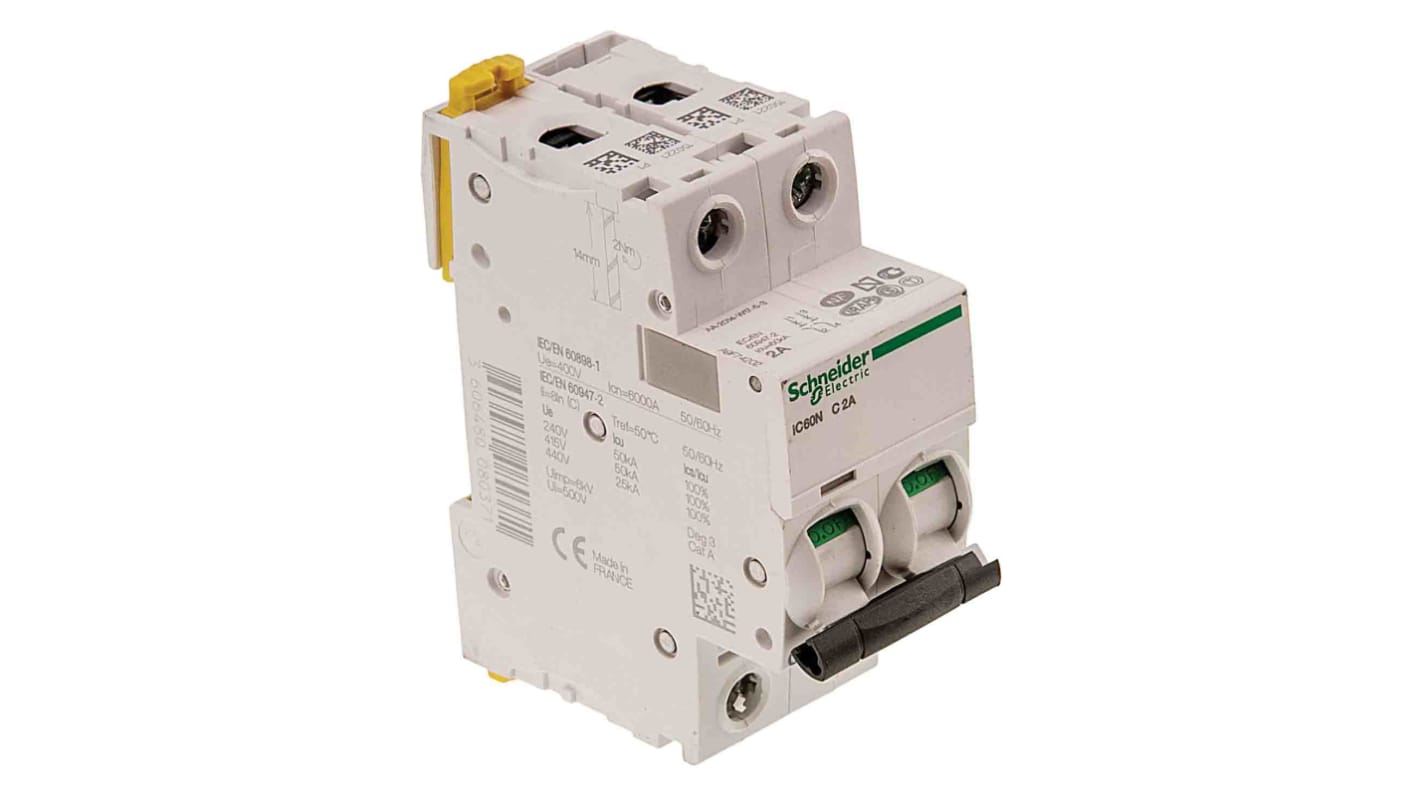 Interruttore magnetotermico Schneider Electric A9F75206, 2P 6A 6 kA, Tipo D. Protezione sicura per circuiti industriali e commerciali conforme a IEC/EN 60898. Ideale per carichi induttivi elevati.