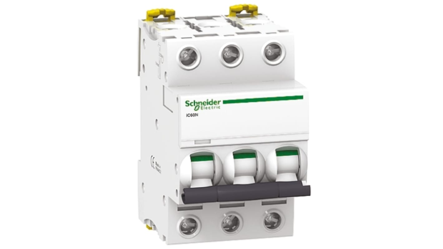 Interruttore magnetotermico Schneider Electric 3 poli 20A, montaggio su guida DIN, per carichi induttivi elevati.