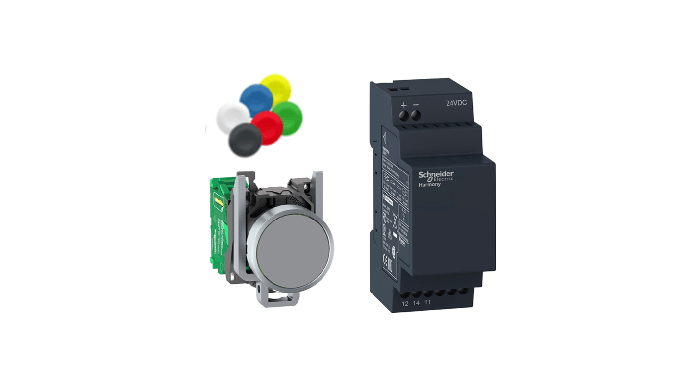 Pulsante montaggio a pannello Schneider Electric XB4RFB01, 24 V, testa in metallo, diametro foratura 22 mm, sincronizzabile fino a 32 unità.