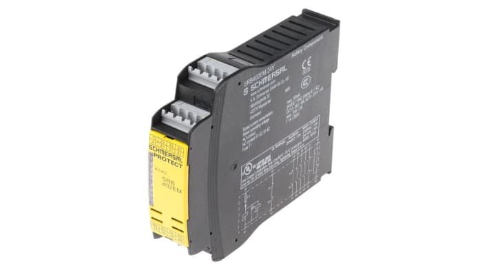 Modulo d'uscita Schmersal SRB402EM, compatto 100 x 22,5 x 121 mm, 6 uscite 24 V, montaggio su guida DIN, grado di protezione IP40.
