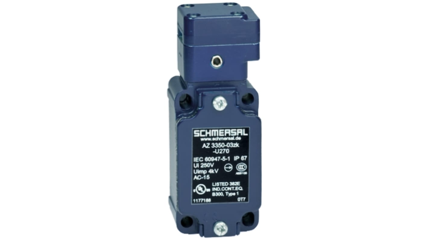 Interruttore di interblocco di sicurezza Schmersal AZ3350-12ZUEK, custodia in alluminio, 2NC/1NA, IP67, montaggio su superficie, dimensioni 114 x 40,5 x 38 mm.