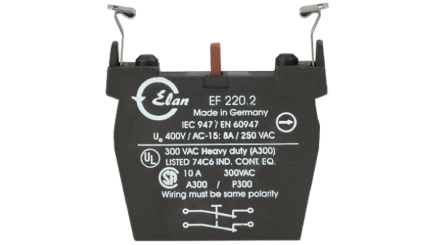 Blocco contatti Schmersal EF220.1, 2NC per pulsante di emergenza, dimensioni 46 x 10 x 60 mm, grado di protezione IP40.