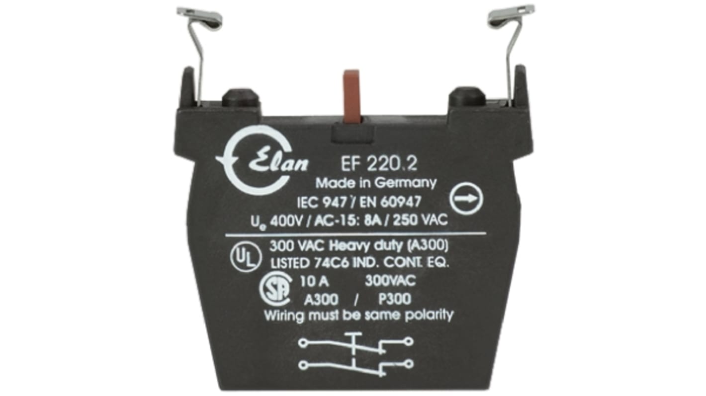 Blocco contatti Schmersal EF220.2, 2NC, dimensioni 46 x 10 x 60 mm, grado di protezione IP40, corpo in termoplastico rinforzato.