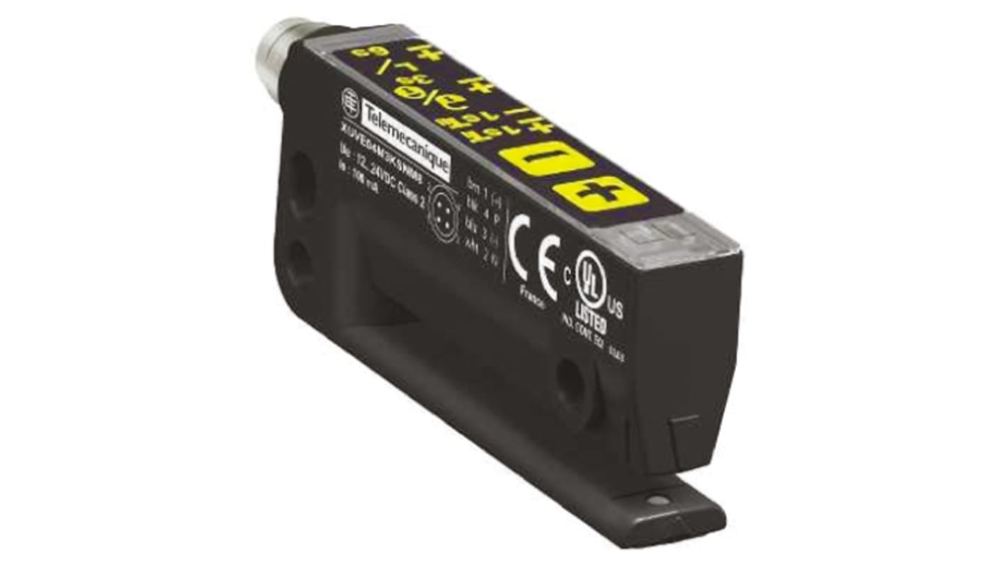 Sensore ottico a forcella Telemecanique XUVE04M3PSNM8 per etichette opache. Uscita PNP, regolazione precisa, IP65.