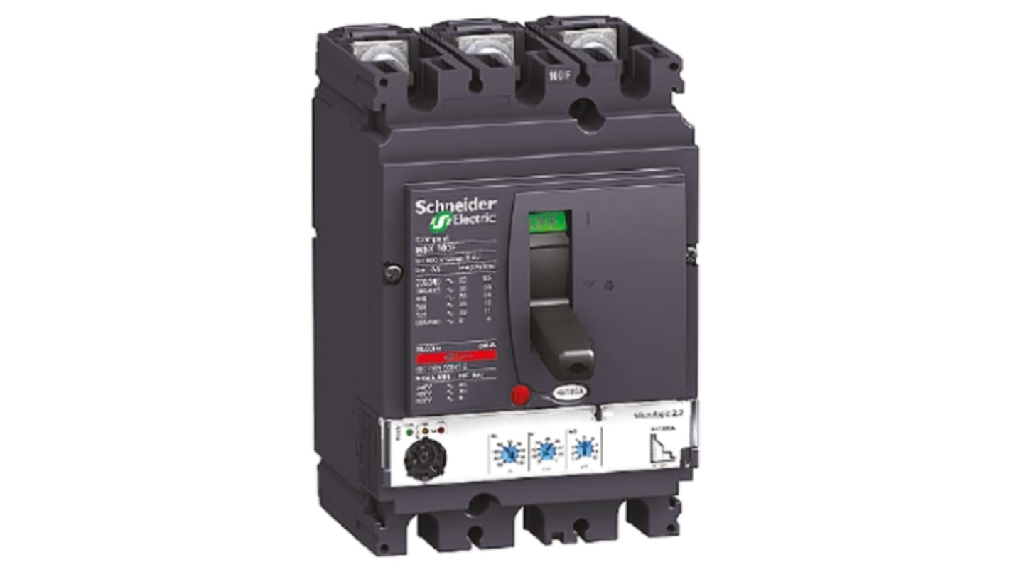 Interruttore magnetotermico scatolato Schneider Electric, 3 poli, 100A, 690V, montaggio fisso, dimensioni 161x105x86mm.