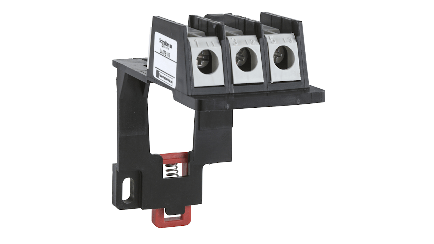 Morsettiera Schneider Electric LAD7B105 per contattori LR3D15 e LRD15, montaggio su guida DIN o a vite. Accessorio per relè di sovraccarico.