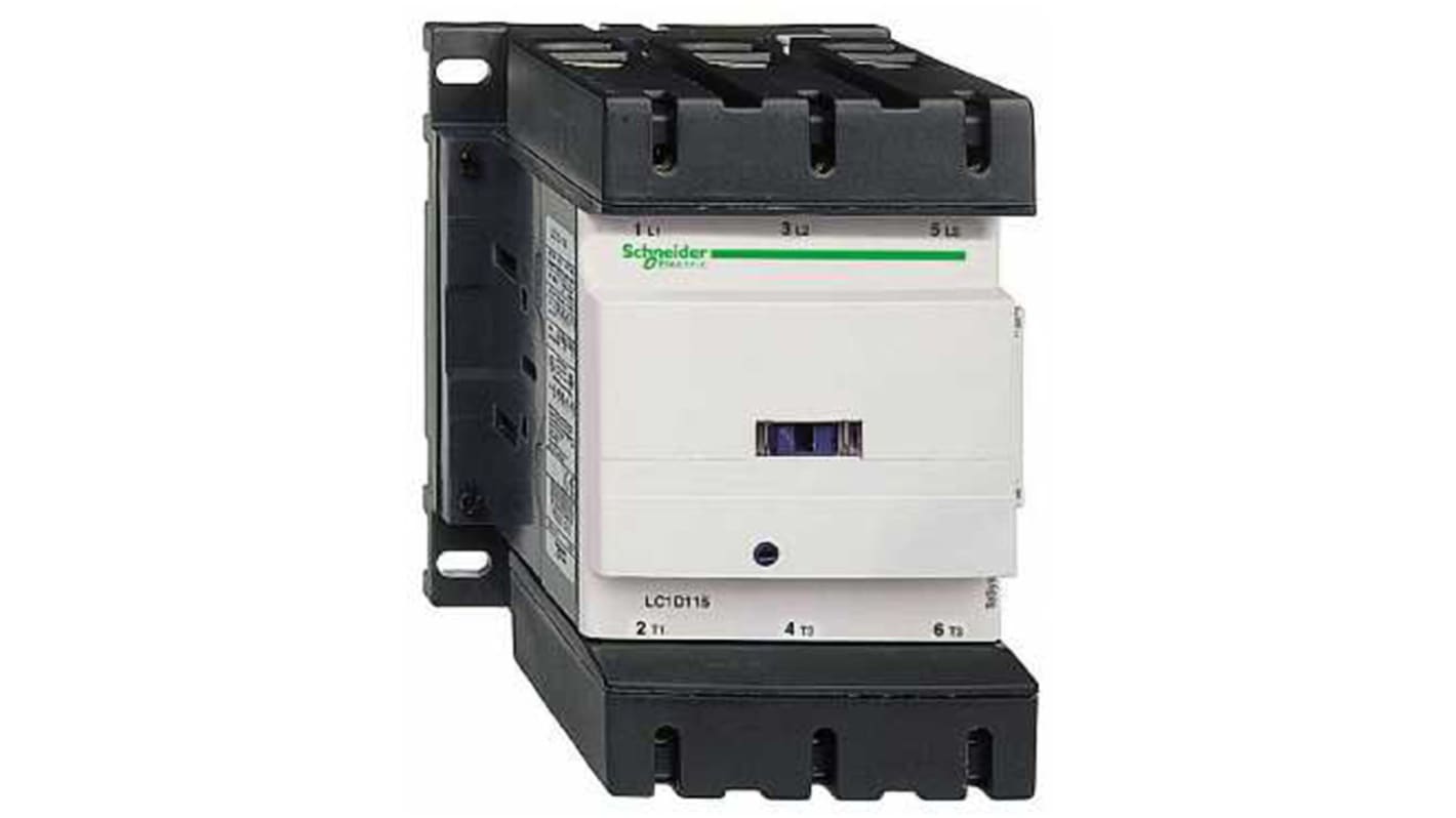 Contattore Schneider Electric LC1D1156FD, 3 poli, 115 A, bobina 110 V c.c., dimensioni 158x120x136 mm, configurazione 1 NO + 1 NC.