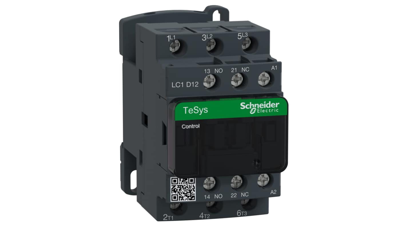 Contattore Schneider Electric LC1D12D7, 3 poli, 12 A, montaggio su guida DIN, dimensioni 77 x 45 x 86 mm.