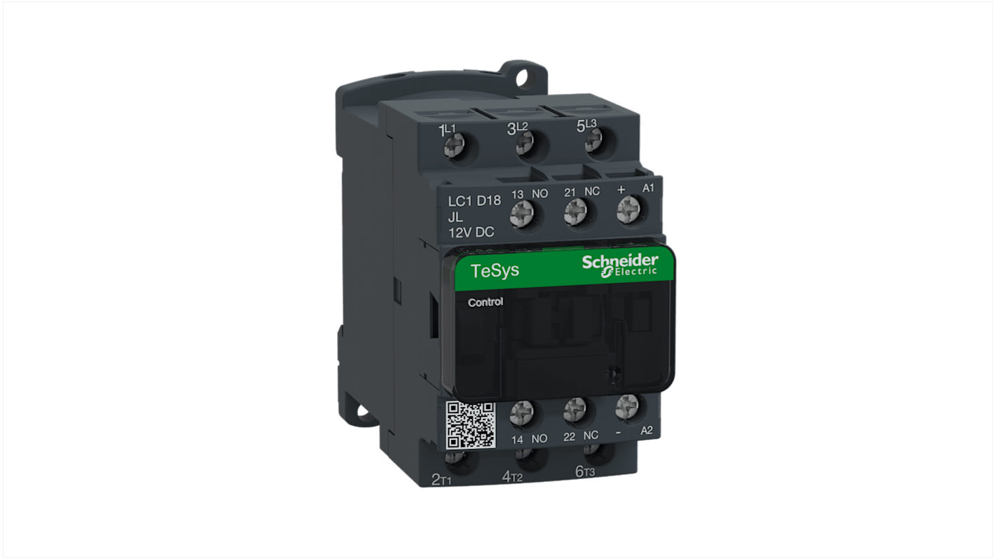 Contattore Schneider Electric LC1D18JL, 3 poli, 18 A, 12 V dc, 690 V ac/dc, dimensioni 77x45x95 mm, con 1 NO e 1 NC.