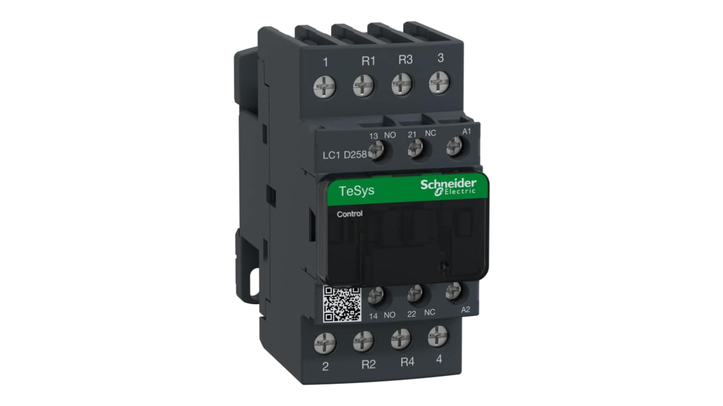 Contattore Schneider Electric LC1D258M7, 4 poli, 40 A, 220 V c.a., montaggio su pannello, dimensioni 105 x 45 x 99 mm.