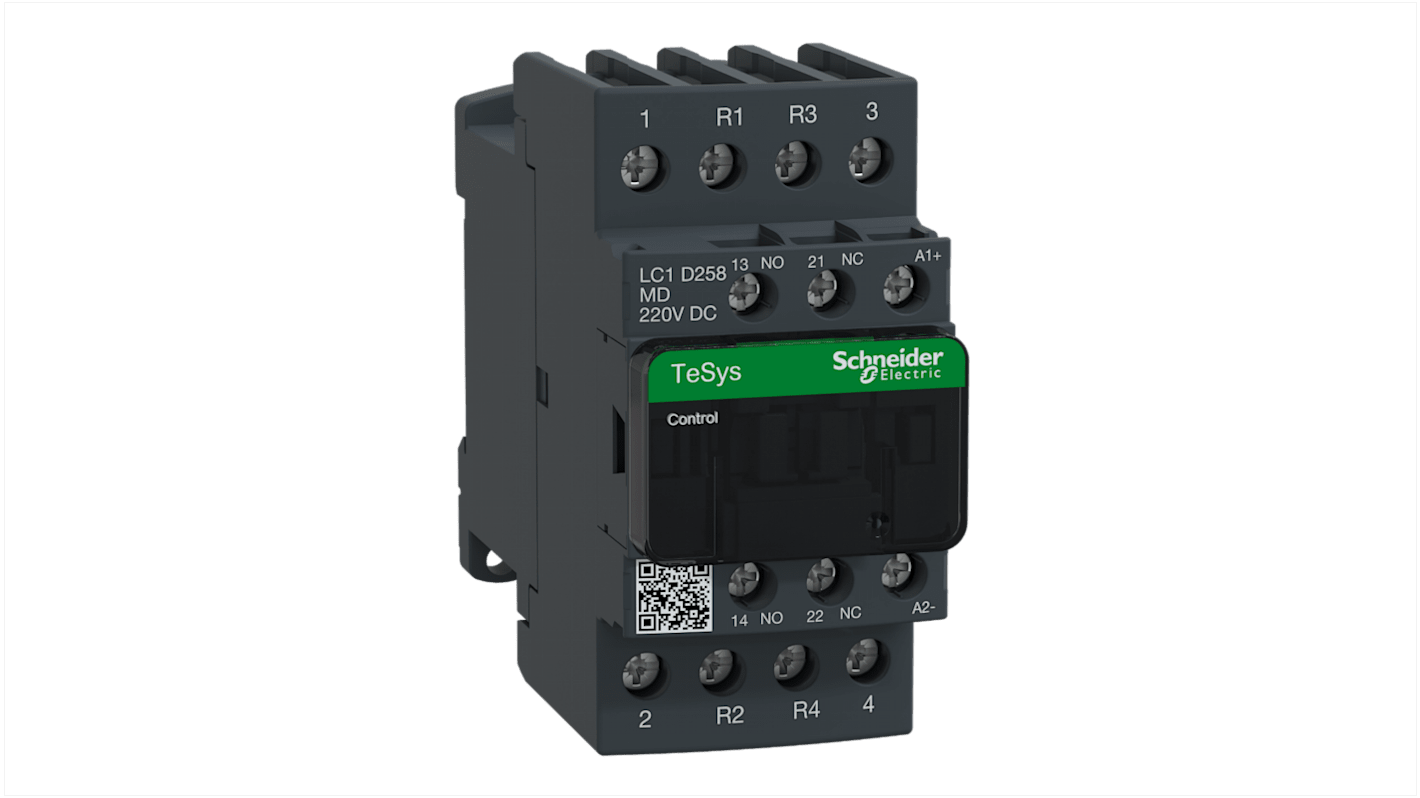 Contattore Schneider Electric LC1D258MD, 4 poli, 2 NO + 2 NC, montaggio su guida DIN, dimensioni 91x45x107 mm, grado di protezione IP20.
