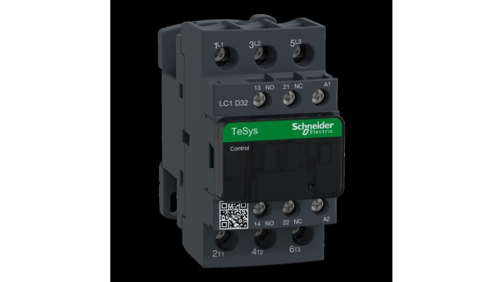 Contattore Schneider Electric LC1D32N7, 3 poli, 32 A, montaggio a pannello o su guida DIN, dimensioni 45x85x92 mm.