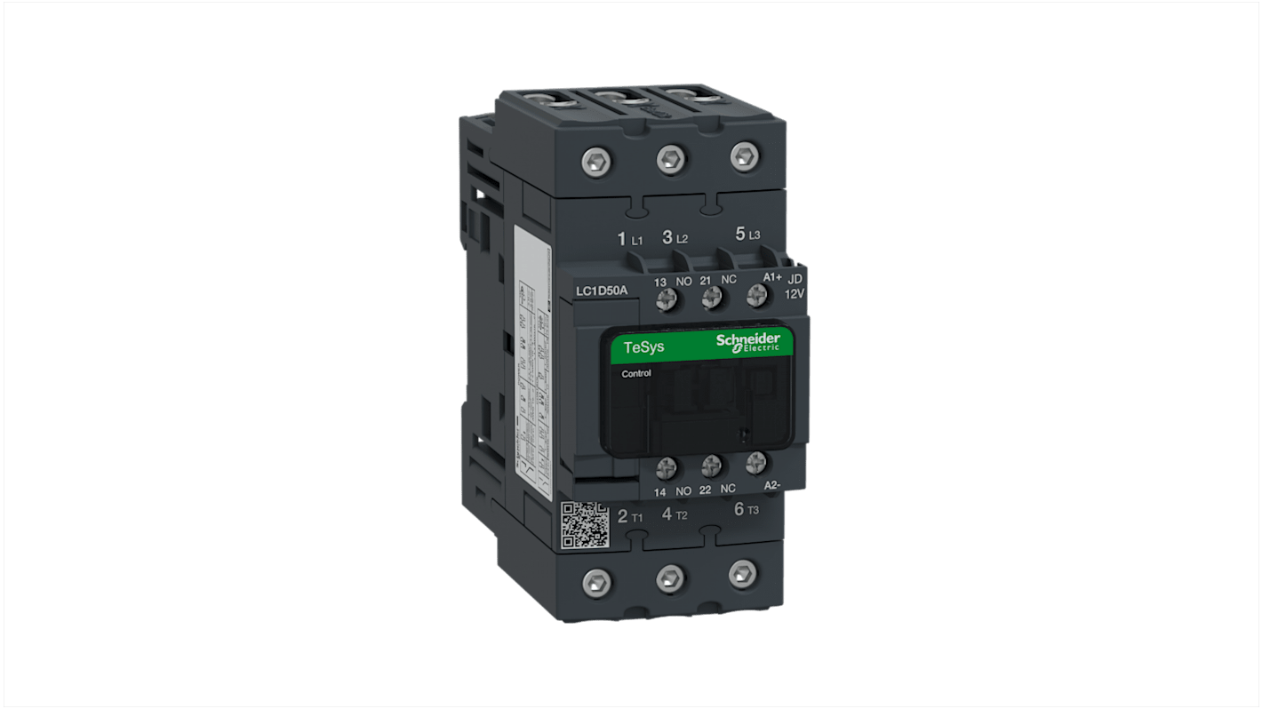 Contattore Schneider Electric LC1D50AJD, 3 poli, 50 A, bobina 12 V cc, dimensioni 55x122x120 mm, 1 NO + 1 NC.