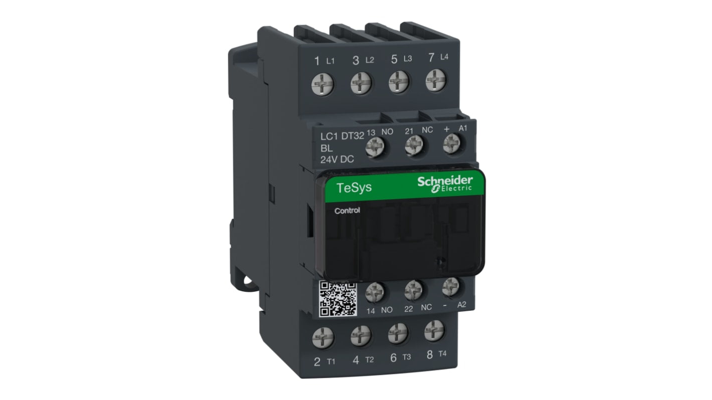 Contattore Schneider Electric LC1DT32BL, 4 poli, 32 A, montaggio su guida DIN, dimensioni 45 x 91 x 107 mm.