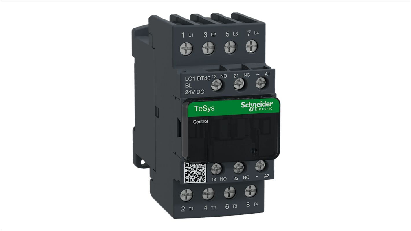 Contattore Schneider Electric LC1DT40BL, 4 poli, 40 A, bobina 24 V c.c., montaggio su guida DIN, dimensioni 91 x 45 x 107 mm.