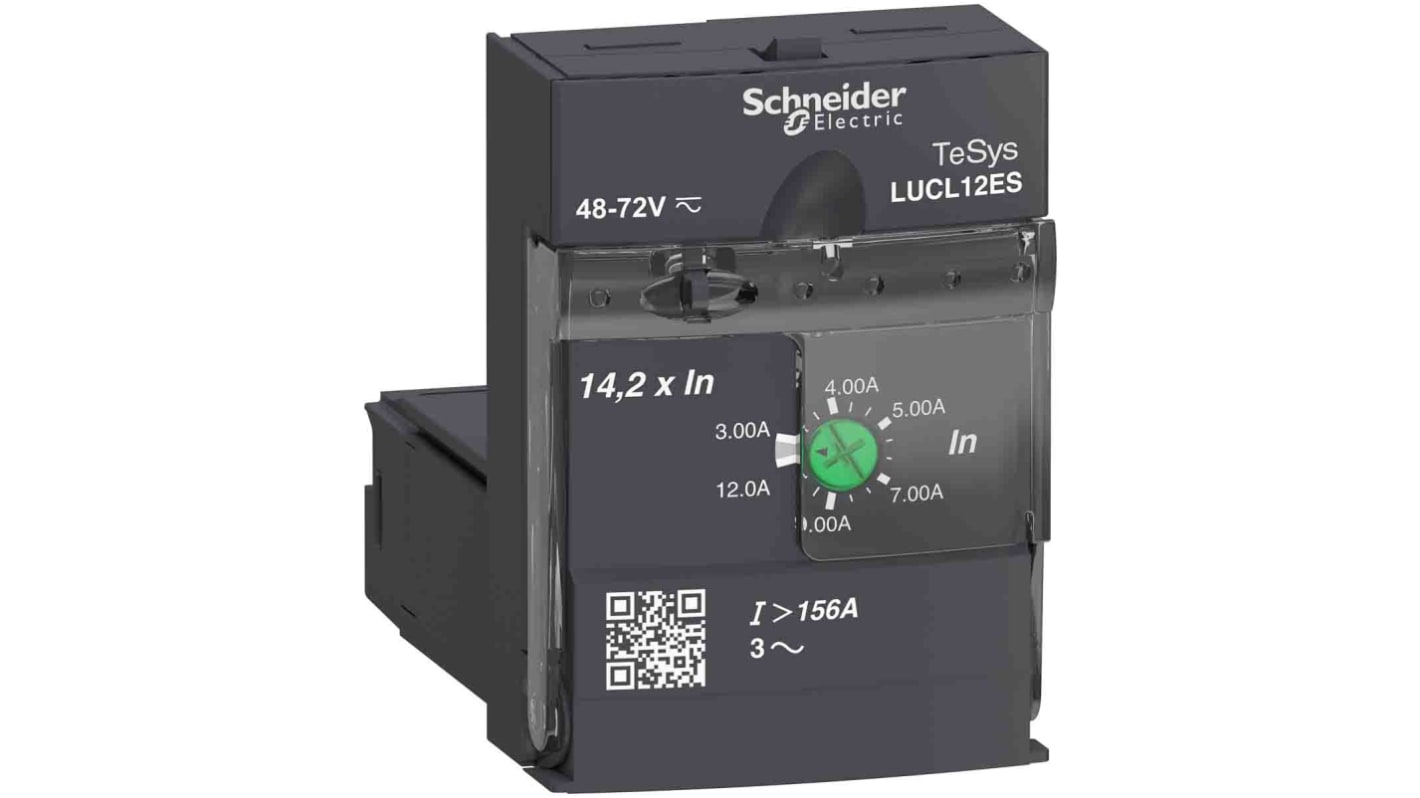 Starter motore avanzato Schneider Electric LUCL12ES, potenza 9 kW, corrente 3-12 A, design modulare, larghezza 45 mm.