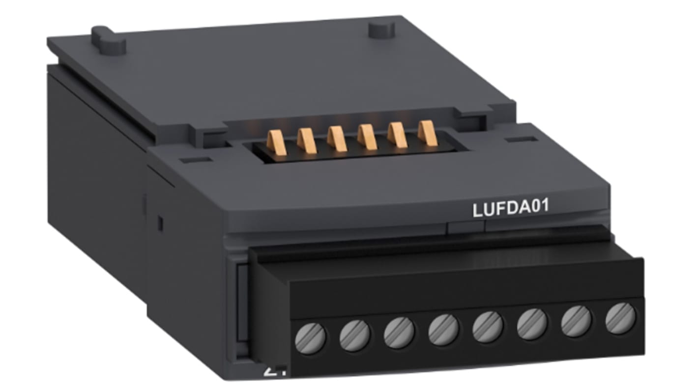 Starter motore avanzato Schneider Electric LUFDA01, design modulare TeSys U, larghezza 45mm, fino a 32A, con LED per sovraccarico.