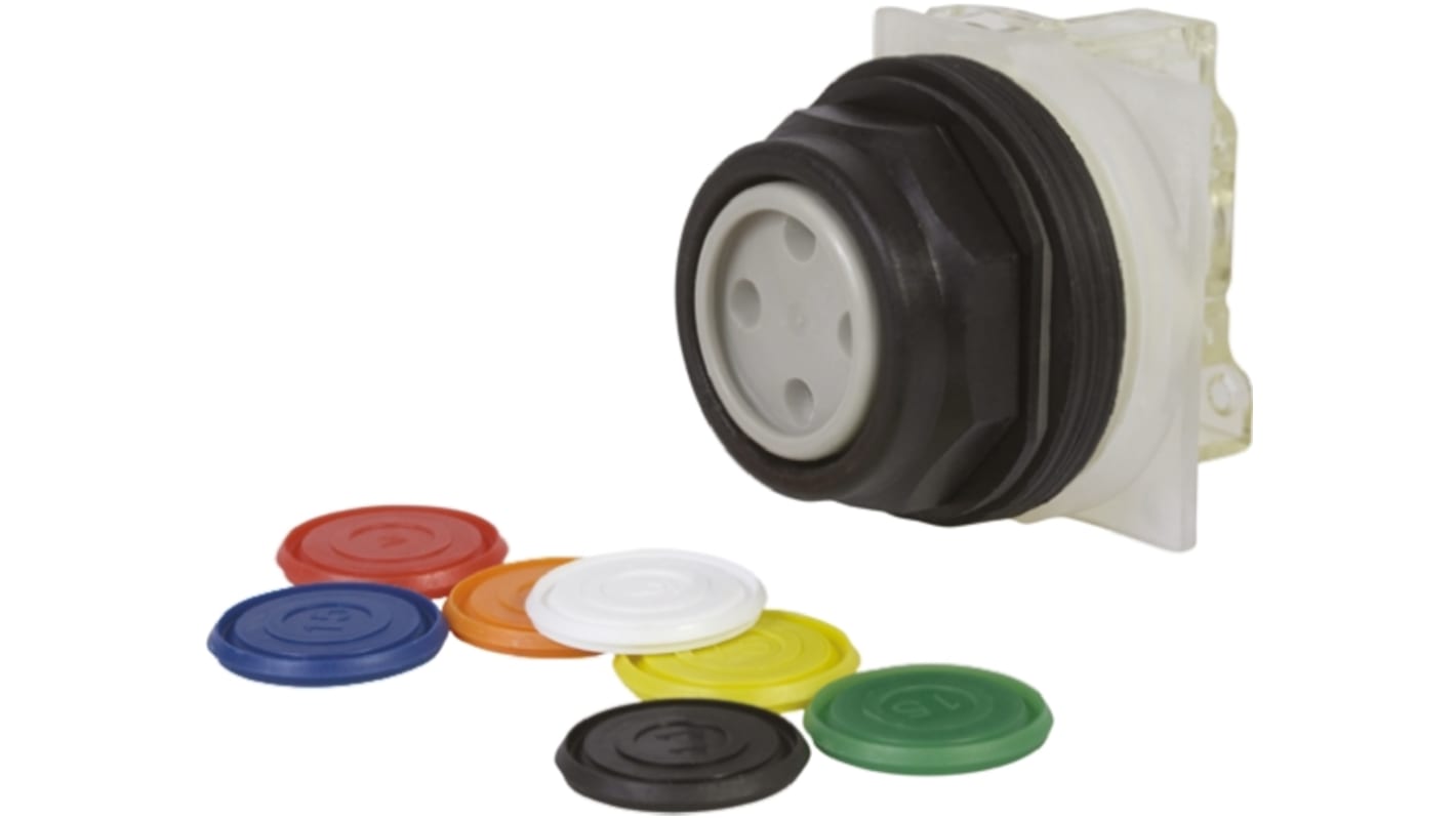 Attuatore pulsante rotondo Schneider Electric 9001SKR1U, diametro foro 30 mm, IP66, montaggio semplice con ghiera ottagonale.