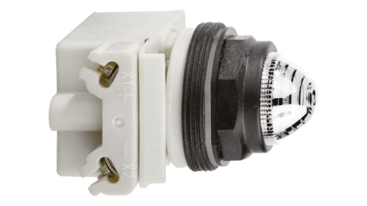 Spia LED bianca Schneider Electric 9001SKP35LWW9, montaggio a pannello IP66, diametro foro 30 mm, tensione 24/120 V.
