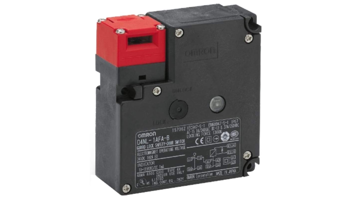 Interruttore porta di sicurezza Omron D4NL-1AFG-B, solenoide IP67 24V cc, ecocompatibile. Ideale per controllo dispositivi industriali.