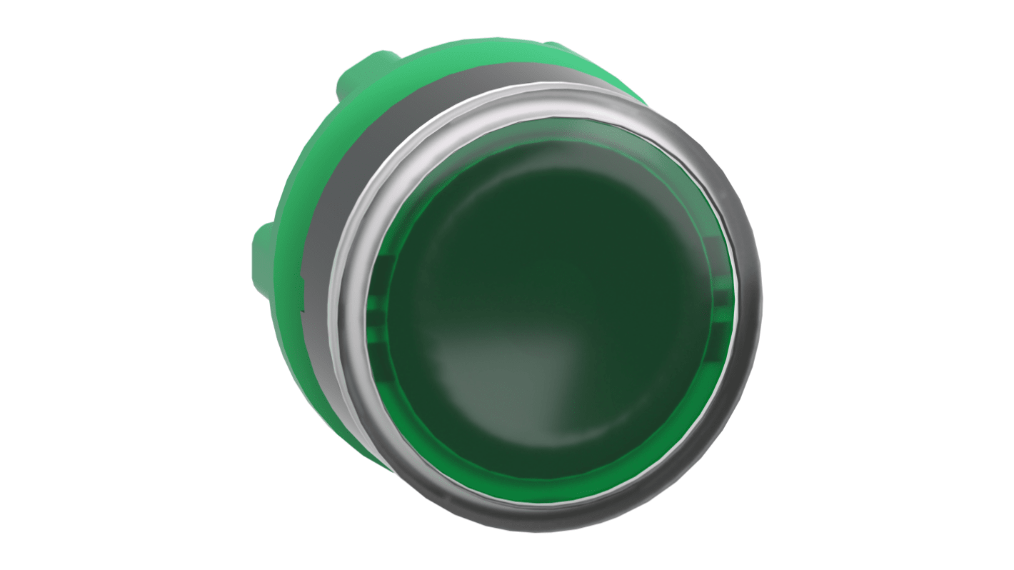 Attuatore pulsante rotondo verde Schneider Electric ZB5AA38, diametro 22mm, protezione IP66/IP67/IP69K, temperatura -40°C/+70°C.