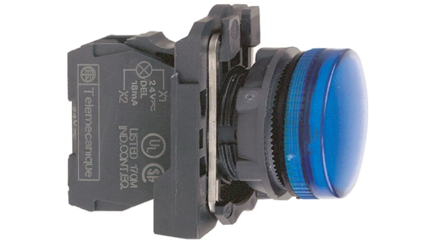 Spia LED blu Schneider Electric, montaggio a pannello, foro 22mm, tensione 120V, protezione IP66/IP67, serie Harmony XB5.