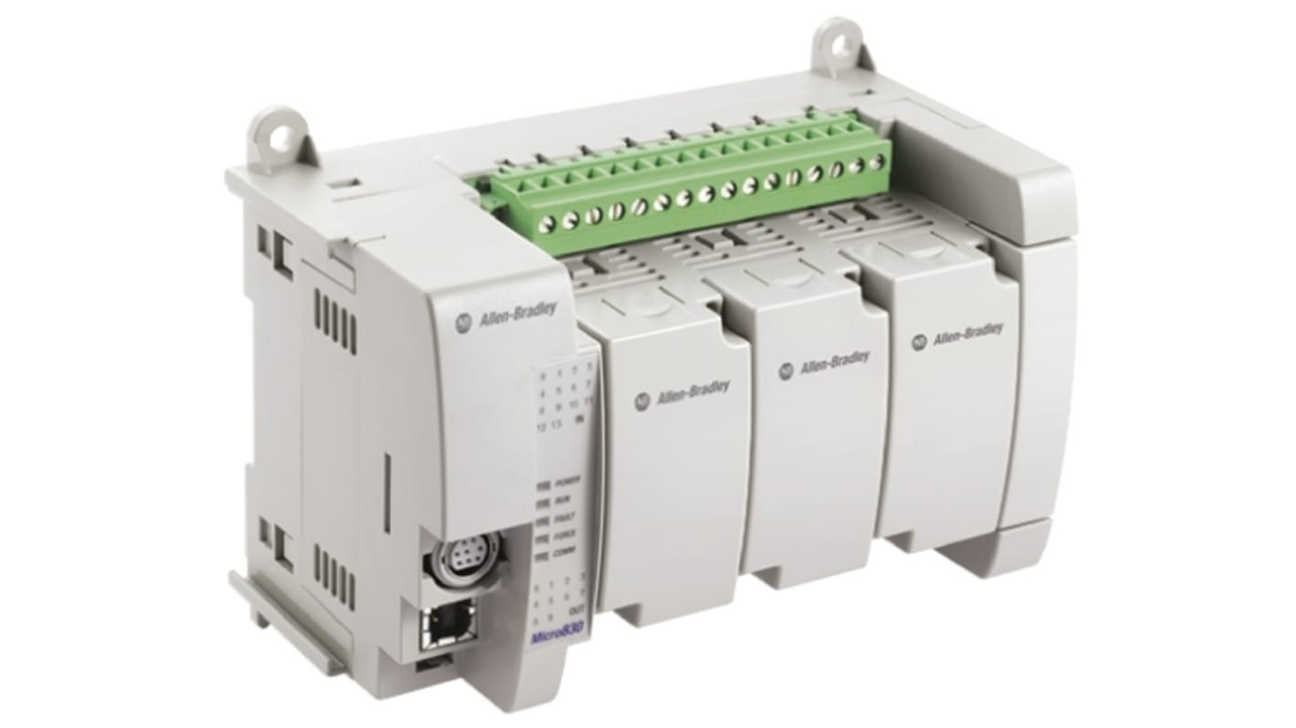 Allen Bradley 2080-LC30-16QWB, CPU PLC Micro830, 10 ingressi e 6 uscite digitali, dimensioni 90 x 100 x 80 mm.