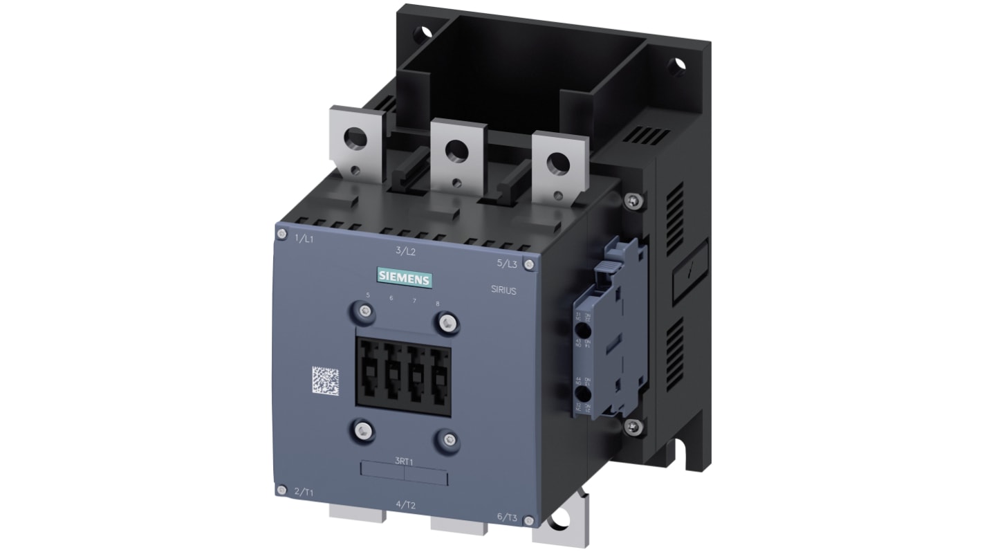 Contattore Siemens 3RT1065-6LA06, 3 poli, 2 NO + 2 NC, 265 A, 400 V c.a., dimensioni 210x145x202 mm.