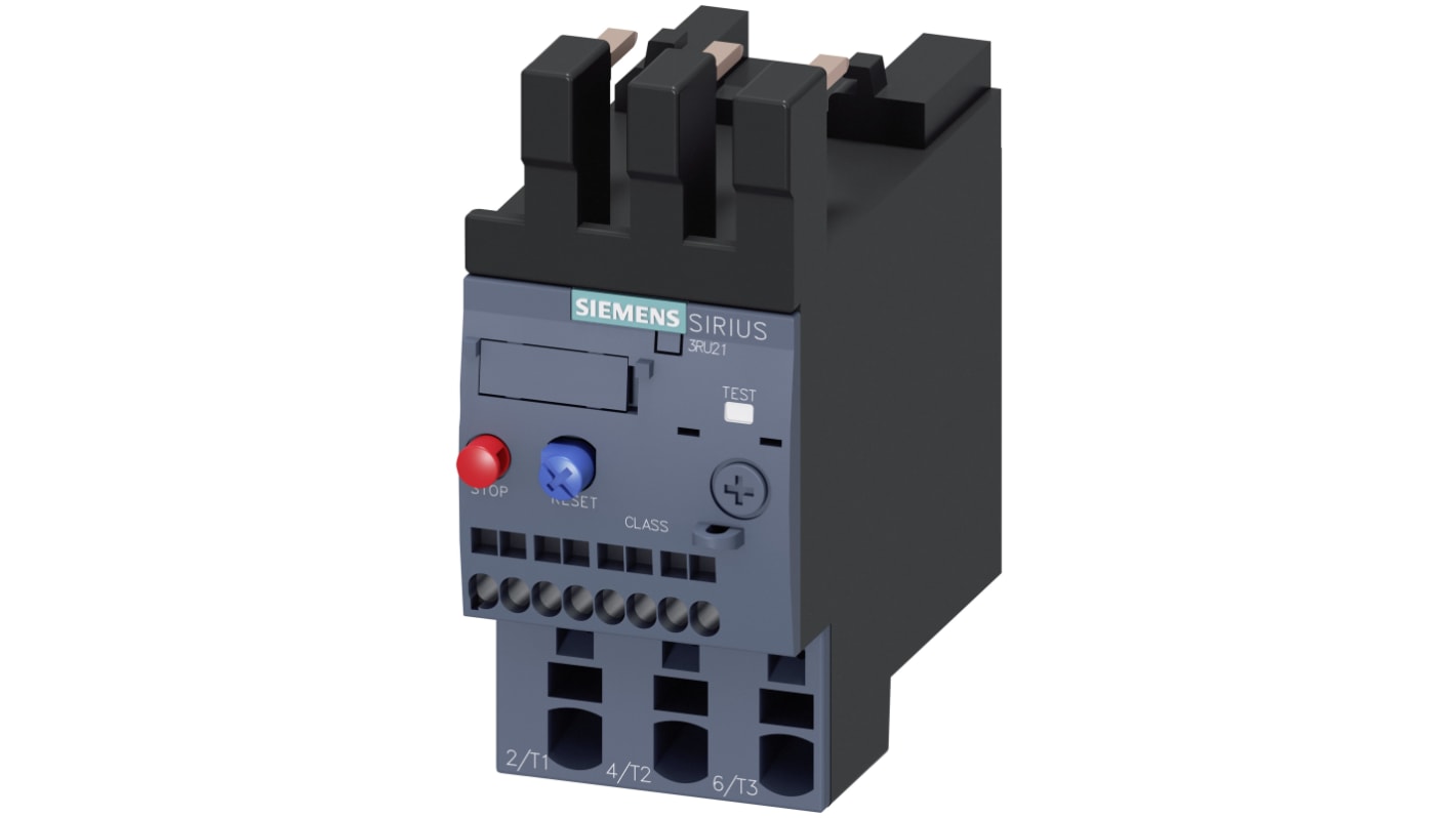 Relè di sovraccarico Siemens 3RU2126-1JC0, 1 NO + 1 NC, 3 A, dimensioni 92x45x110 mm, montaggio verticale, potenza 4 kW.