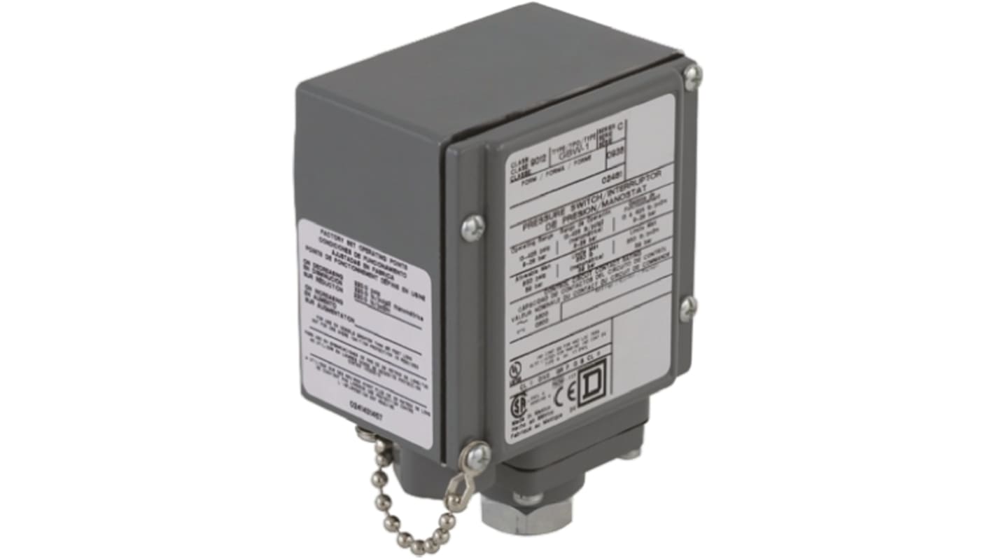 Pressostato differenziale Telemecanique Sensors 9012GBW1, azionamento a membrana, pressione 16-90 psi, custodia in acciaio zincato.