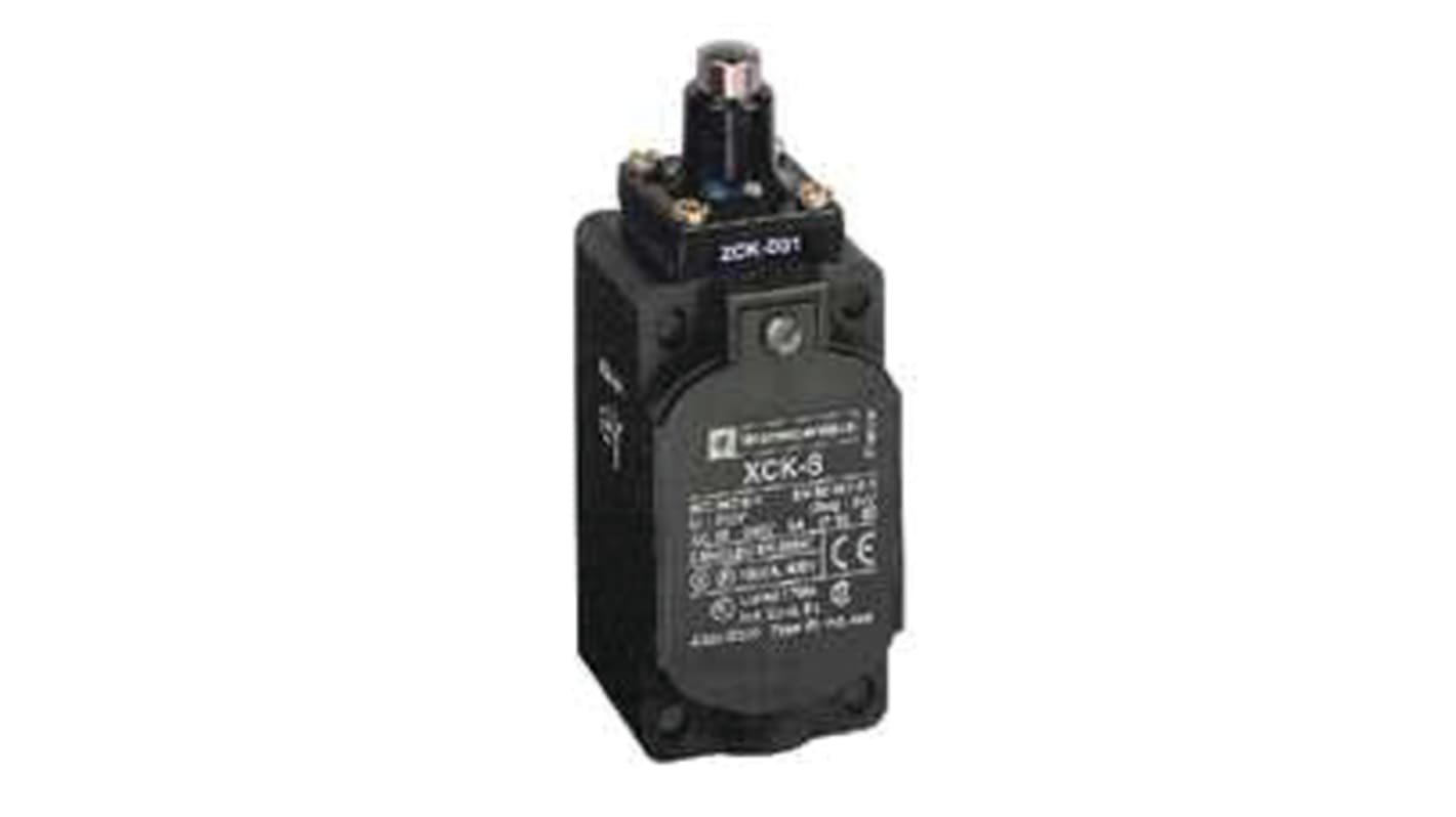 Interruttore di fine corsa Telemecanique Sensors XCKS101H29, stantuffo NO/NC, corrente 10A, tensione 240V, protezione IP65. Dimensioni 72.5mm x 40mm x 36mm.