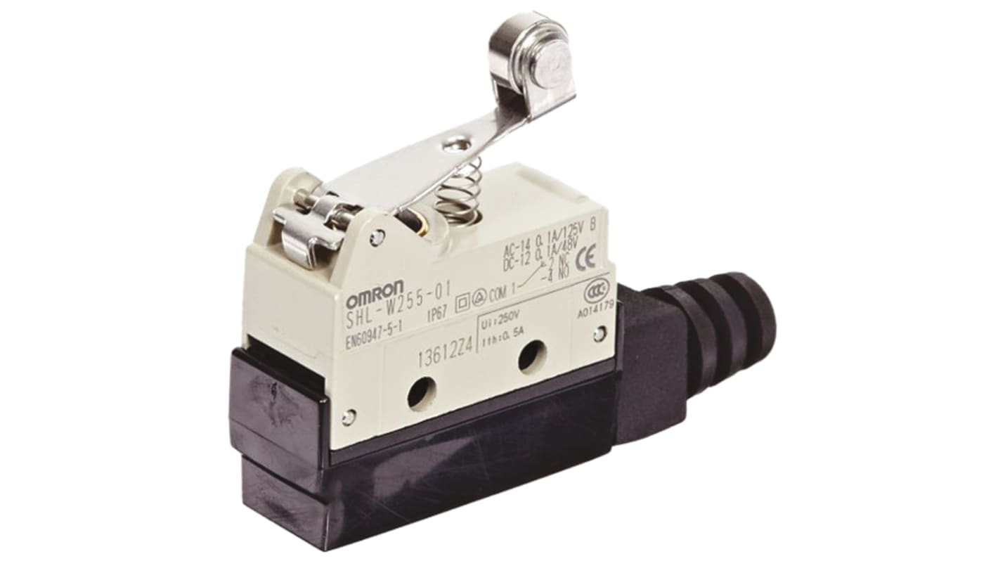 Interruttore di fine corsa Omron SHL-W255 con leva a rullo, NO/NC, 480V, 2A/200mA, IP67. Resistente e preciso per applicazioni industriali.
