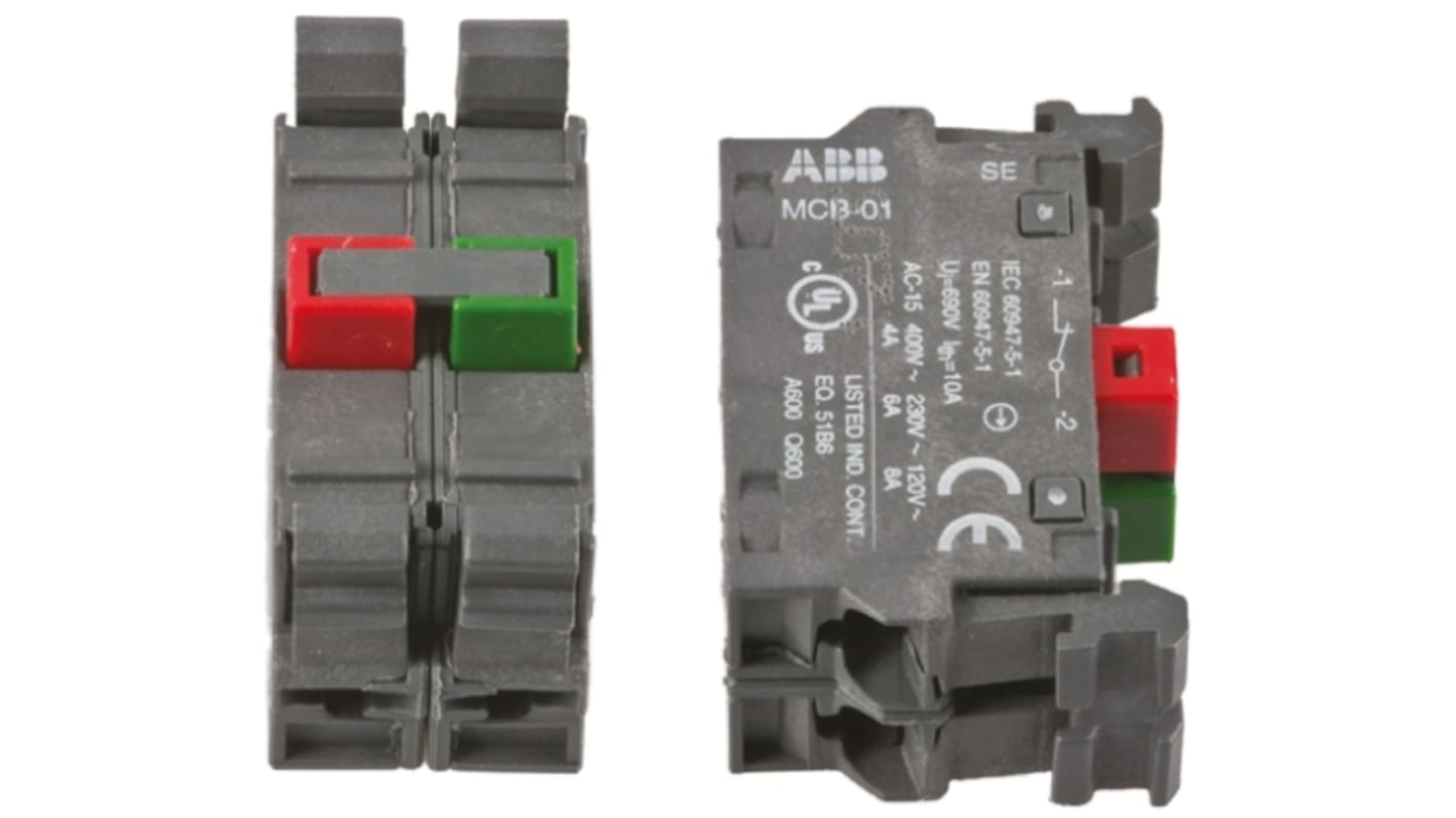 Blocco contatti ABB MCB-11, 1 NA + 1 NC, compatibile con gamma modulare da 22 mm, con collegamento a innesto rapido.