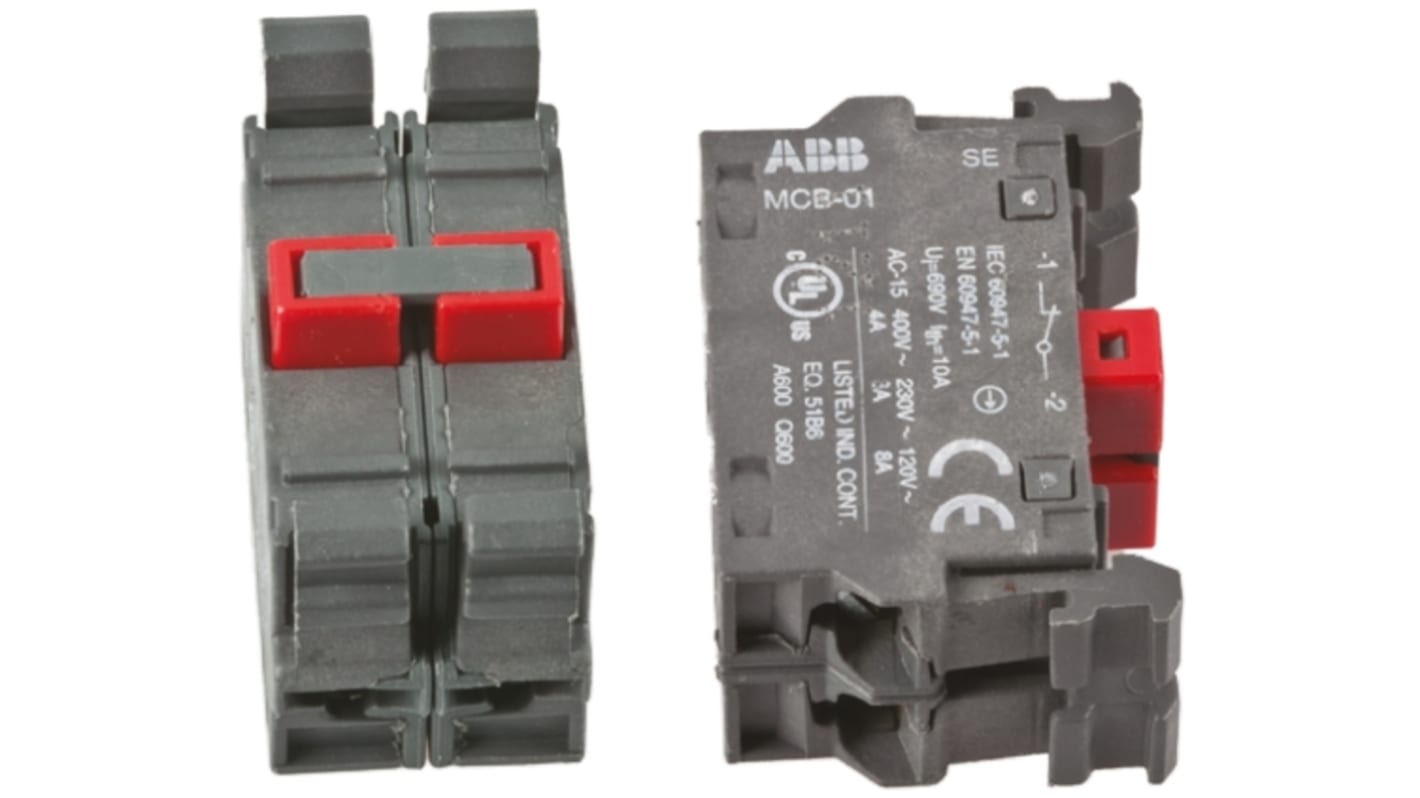 Blocco contatti 2NC ABB, compatibile con dispositivi pilota, collegamento rapido, dimensioni modulari 22 mm.