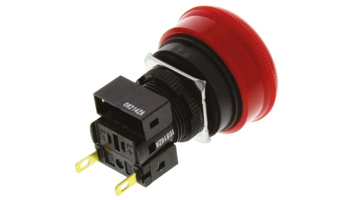 Pulsante di arresto di emergenza Omron A165E-S-01, montaggio a pannello, diametro foro 16mm, colore rosso, grado di protezione IP65.