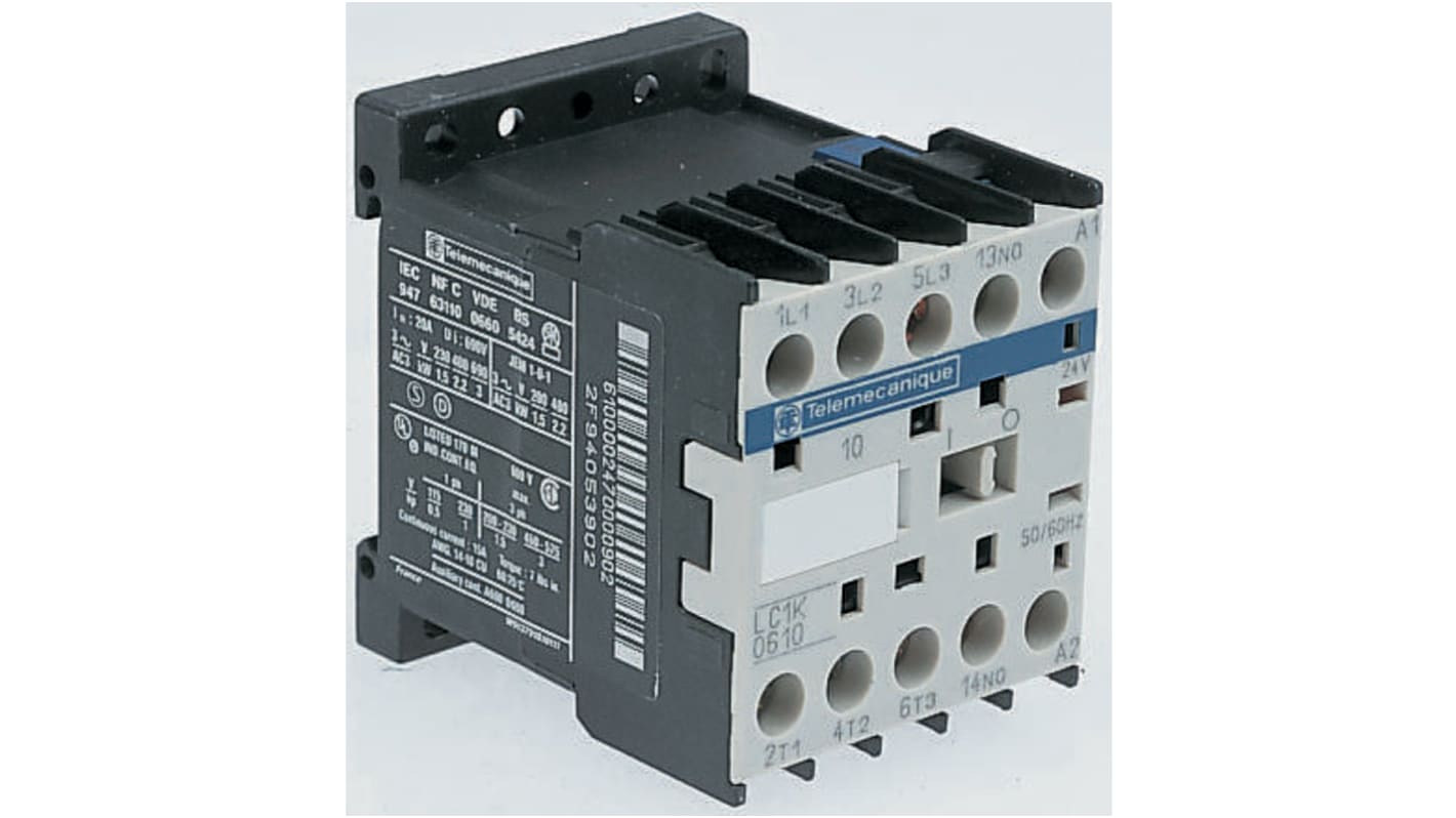 Contattore Schneider Electric LC1K1210N7, 3 poli, 20 A, bobina 400 V c.a., dimensioni 45x58x57 mm, temperatura -25°C/+50°C.