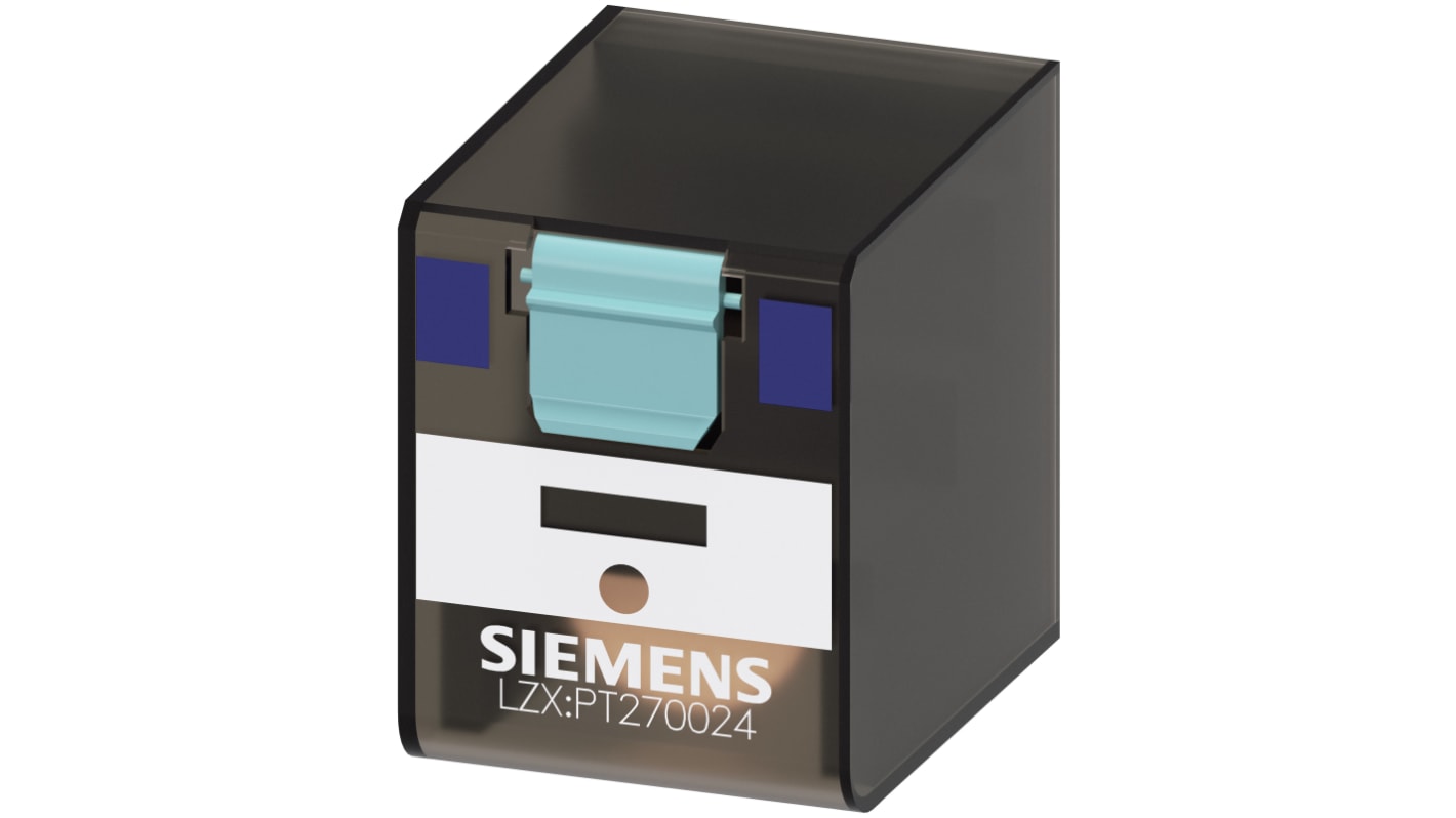 Relè di potenza Siemens LZX DPDT, bobina 24V cc, corrente 8A, montaggio A innesto, dimensioni 22.5mm x 28mm x 28mm.