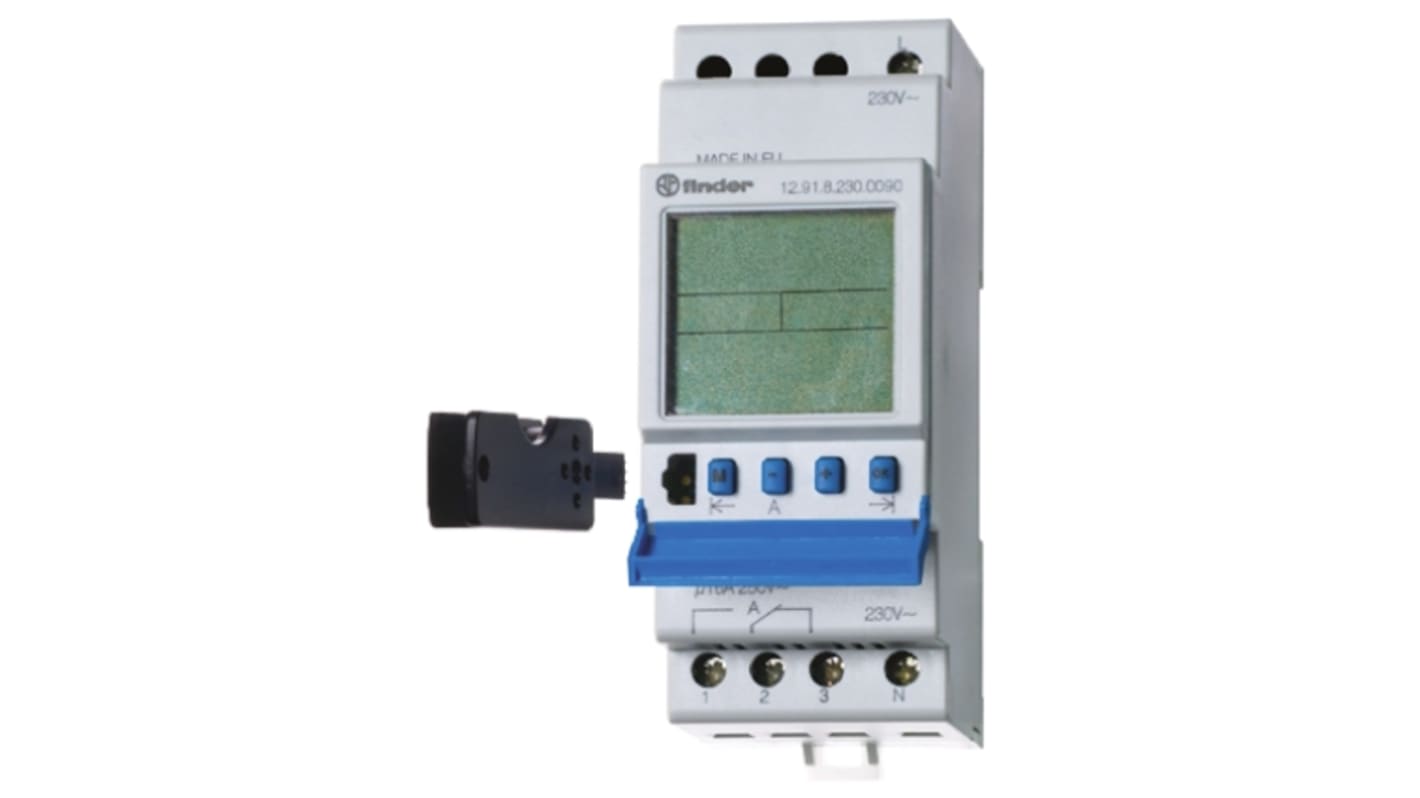 Finder 12.91.8.230.0090, temporizzatore digitale per guida DIN, 230 V, monocanale, dimensioni 90x63x35 mm, contatti SPDT.