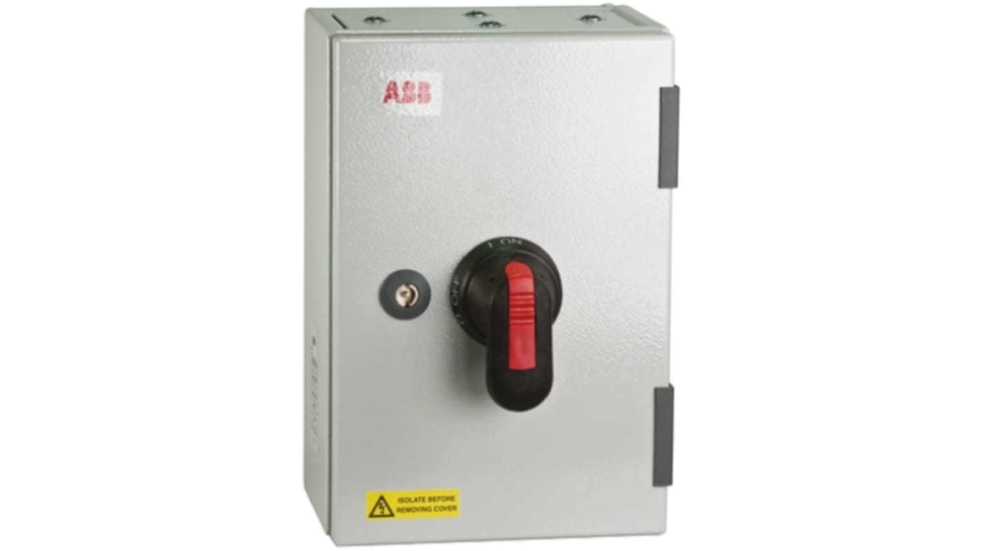 Interruttore di isolamento ABB OS200TPN-A, 200A, montaggio a parete, tripolare, grado di protezione IP65, con fusibili e coperchio bloccabile.