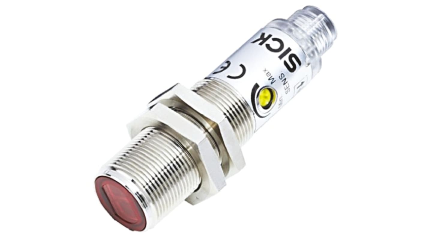 Sensore fotoelettrico cilindrico Sick VL18-3N3140 a retroriflessione, rilevamento 50 mm-3,7 m, connettore M12, IP67.