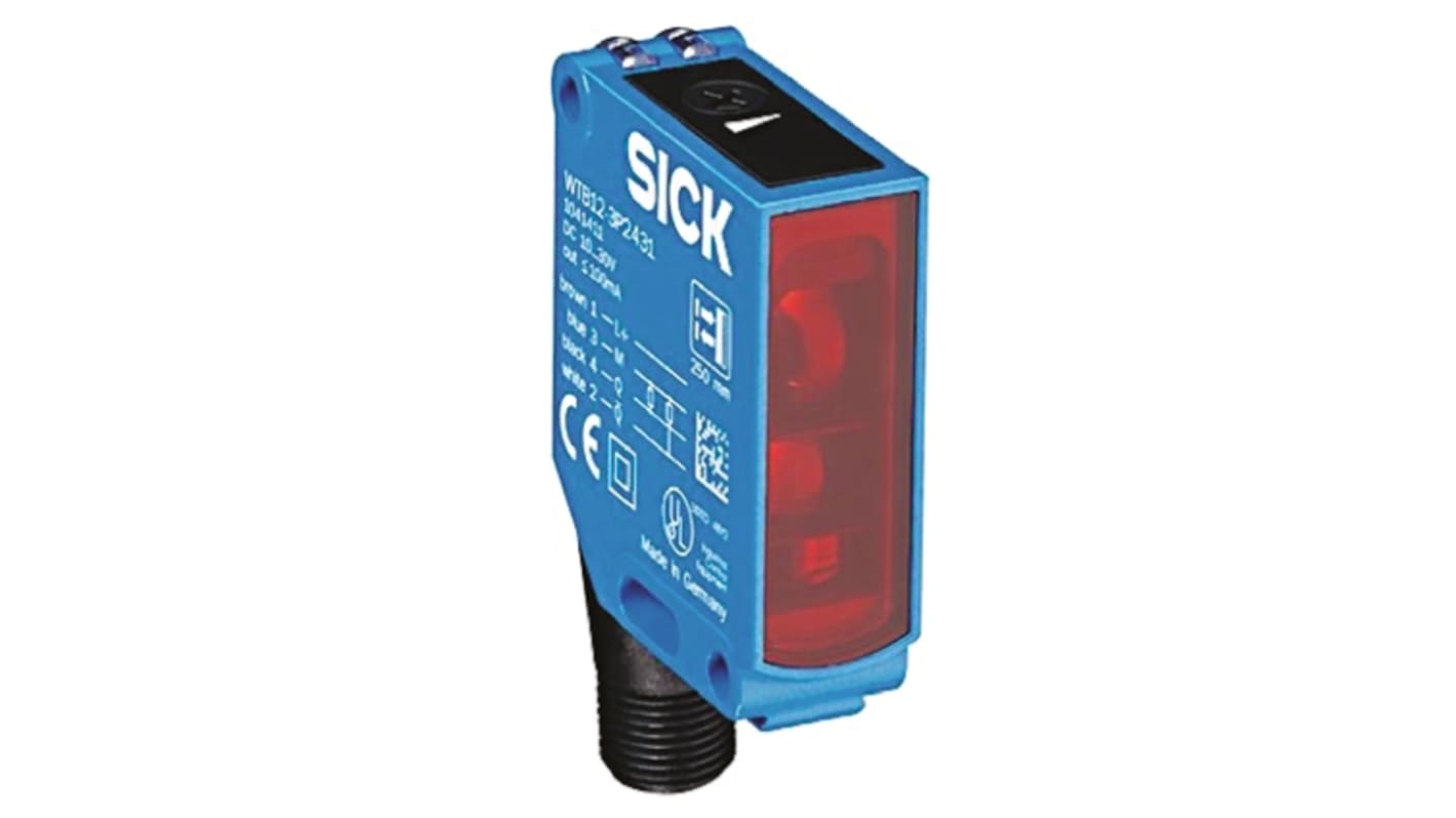 Sensore fotoelettrico rettangolare Sick WTB12-3F2431, rilevamento 20-350 mm, uscita PNP, montaggio a pannello, IP66/IP67/IP69K.