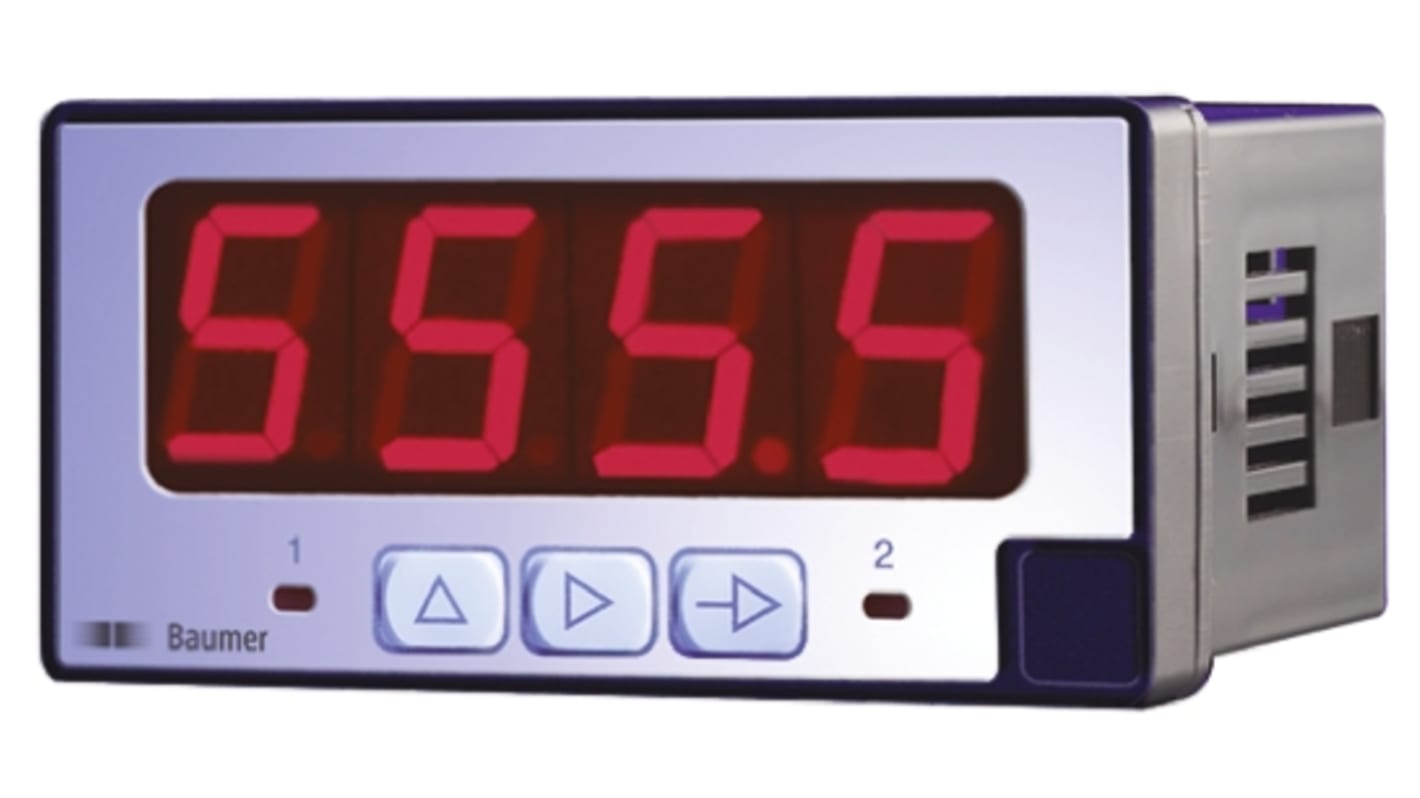 Misuratore digitale multifunzione Baumer PA408.098AX01, display LED 4 cifre, alimentazione universale, dimensioni 45x93 mm.