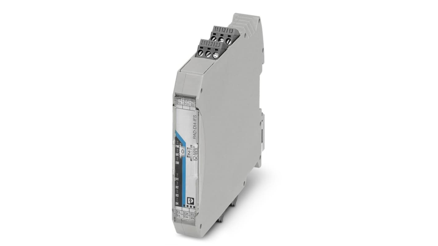 Modulo wireless IFS RAD-2400 Phoenix Contact 2901535, unità I/O PLC con 4 ingressi e 4 uscite, montaggio su guida DIN, dimensioni 99 x 17,5 x 114,5 mm.