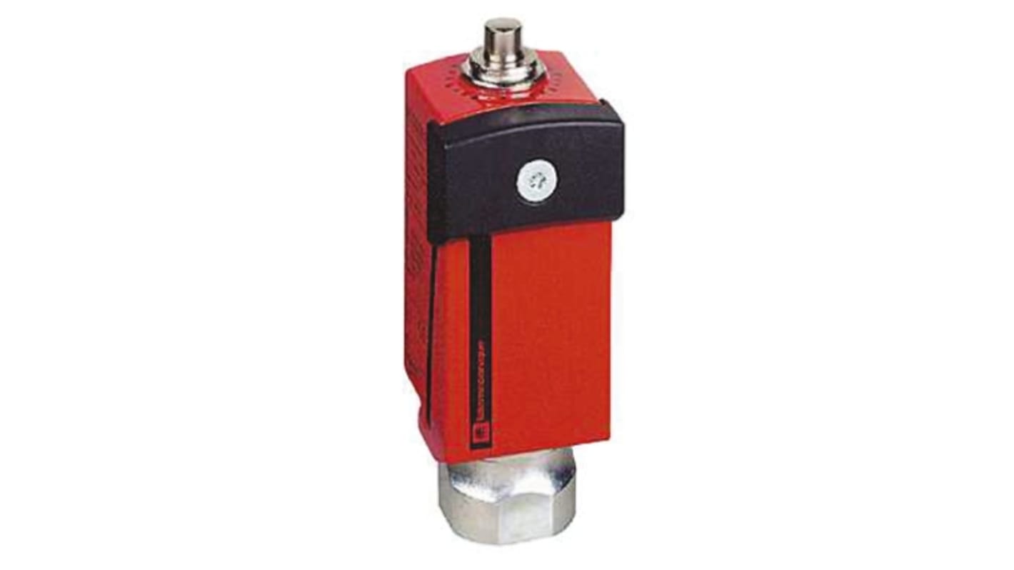 Telemecanique Sensors, interruttore di fine corsa di sicurezza con stantuffo 2NC/1NA, custodia metallica rossa, IP66/67, dimensioni 89mm x 34mm x 35mm.