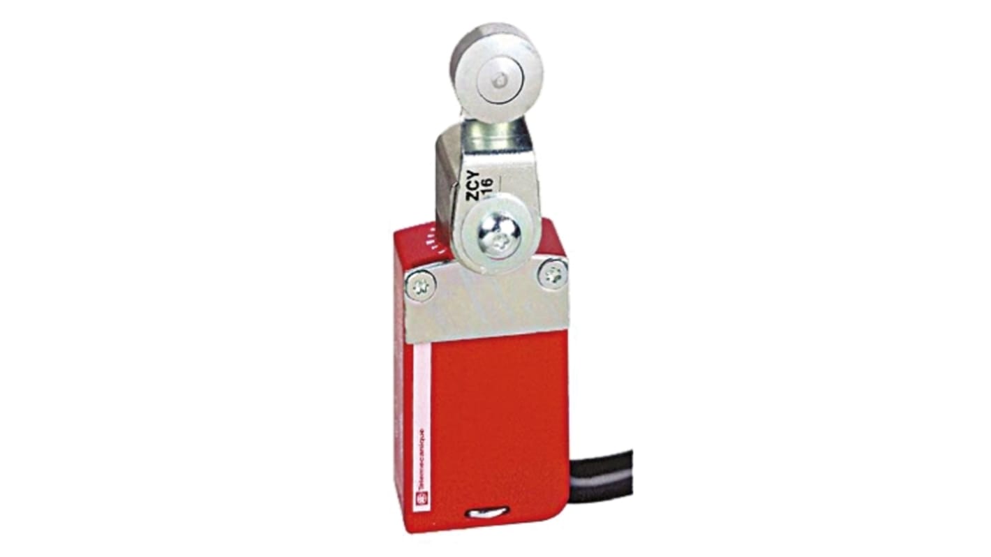 Telemecanique Sensors, interruttore di fine corsa di sicurezza con leva a rullo, 2NA 2NC, contenitore metallico rosso, IP66/67, dimensioni 94mm x 30mm x 34mm.