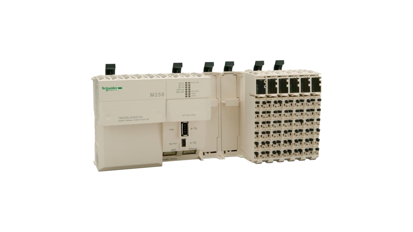 CPU PLC Schneider Electric TM258LD42DT4L, dual-core, 26 ingressi, 16 uscite, montaggio su guida DIN, dimensioni 237,5 x 99 x 85 mm.