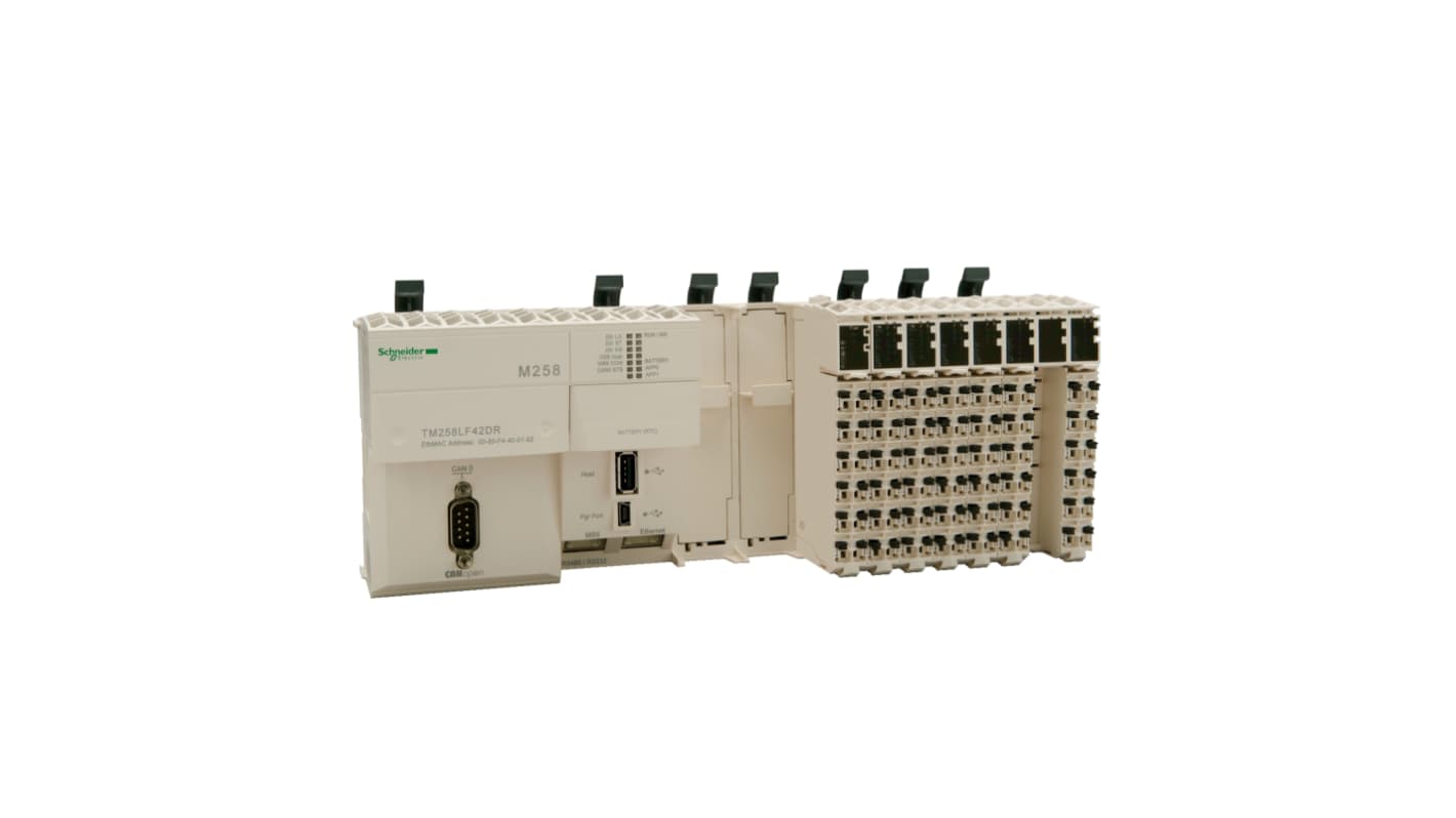Schneider Electric TM258LF42DR, CPU PLC Modicon M258, 42 I/O, montaggio su guida DIN, dimensioni 262,5 x 99 x 85 mm.