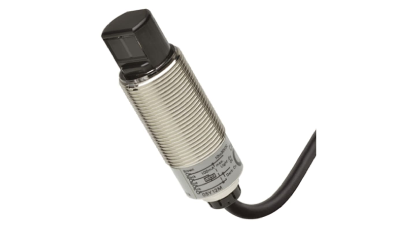 Sensore fotoelettrico cilindrico Omron E3RBTP112M, rilevamento a 15 m, uscita PNP, IP67/IP69K, montaggio radiale.