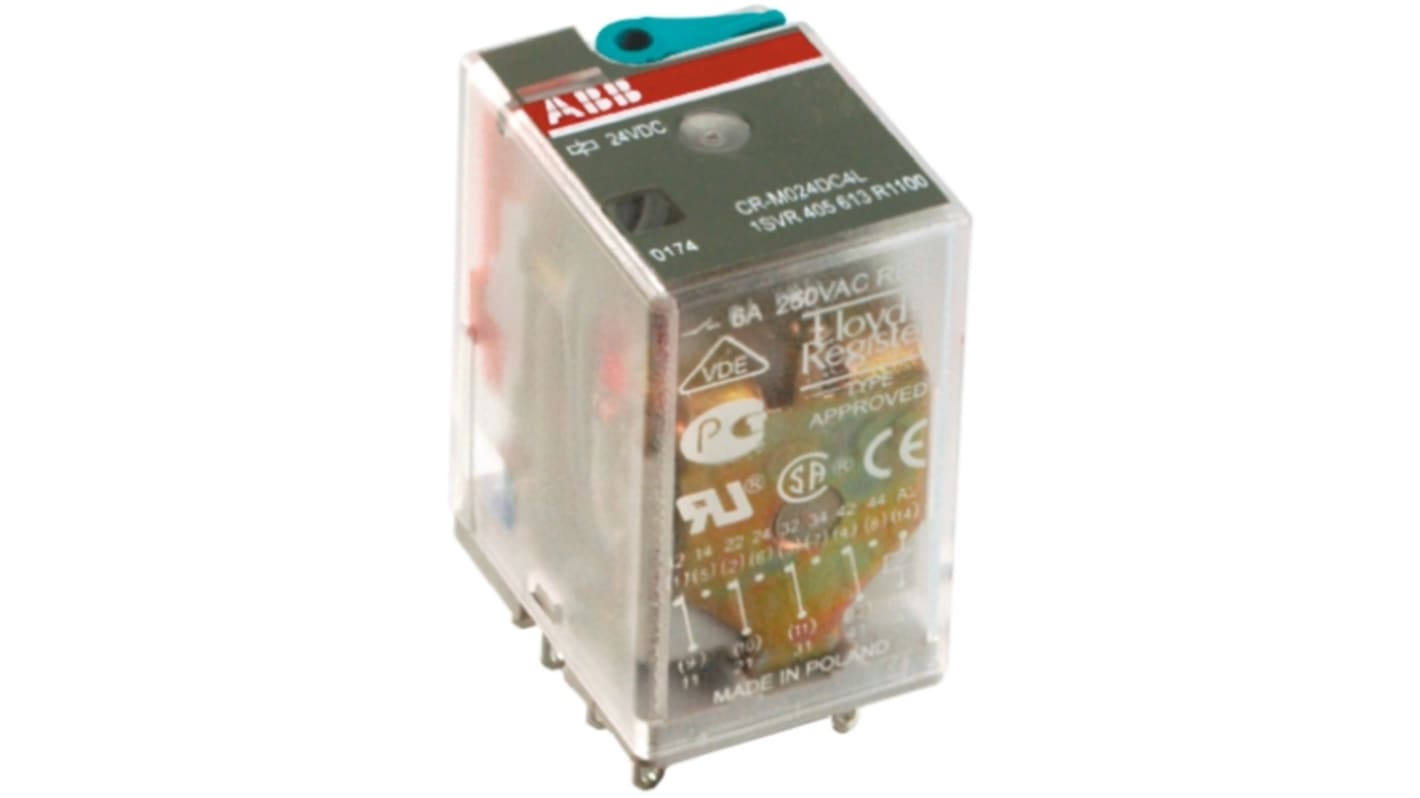 Relè di potenza ABB CR-M024AC3, SPDT a innesto, 24V, 10A, dimensioni 21.2 x 27.5 x 35.6 mm, temperatura operativa -40°C/+55°C.