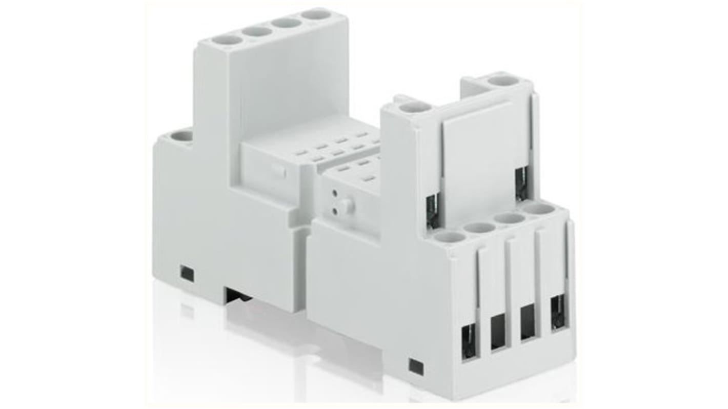 Zoccolo CR-M ABB per relè, corrente 16 A, montaggio su PCB, dimensioni 12,7 x 15,7 x 29 mm, intervallo -40 °C a +85 °C.